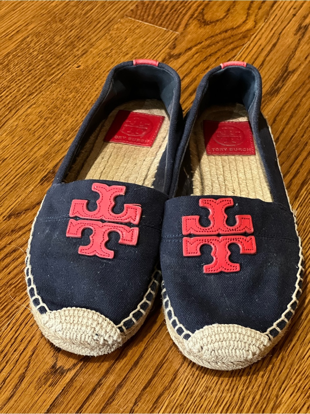 Tory Burch Weston Flat Espadrille Navy Canvas Red Logo Slip On Shoes